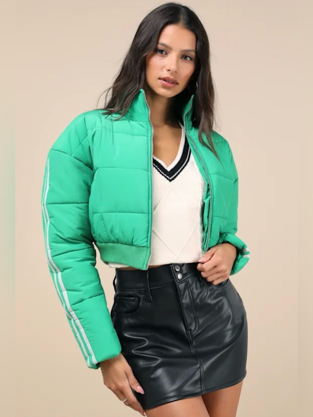 NWT Lulu’s Posh Green Nylon Quilted Cropped Puffer Jacket - Small